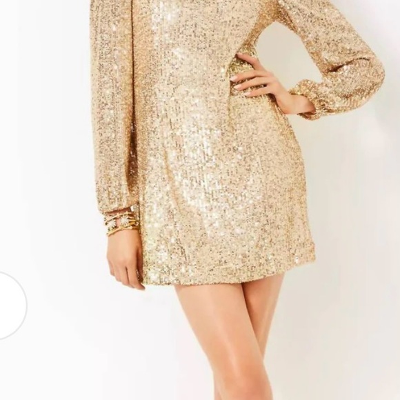 Lilly Pulitzer Gold Long Sleeve Dress Zelda romper dress holiday  dress sz 12 - Picture 8 of 9